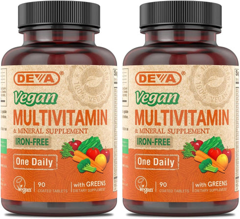 DEVA Vegan Multivitamin and Mineral Supplement - One Daily Vitamin Formula with Greens - Iron Free - 90 Coated Tablets (Pack of 2)...