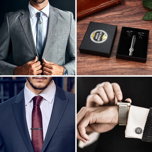 IRONBOX Initial Cufflinks and Tie Clip Set for Men Personalized Black Cuff Links and Tie Bar Letter Alphabet A-Z Gift with Box for Father Husband ...