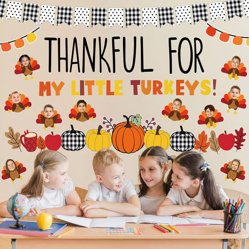 119Pcs Fall Thanksgiving Bulletin Board Decor Autumn Turkey Pumpkin Paper Cutouts with 200Pcs Glue Points Scalloped Bulletin Border Sticker for Ho...
