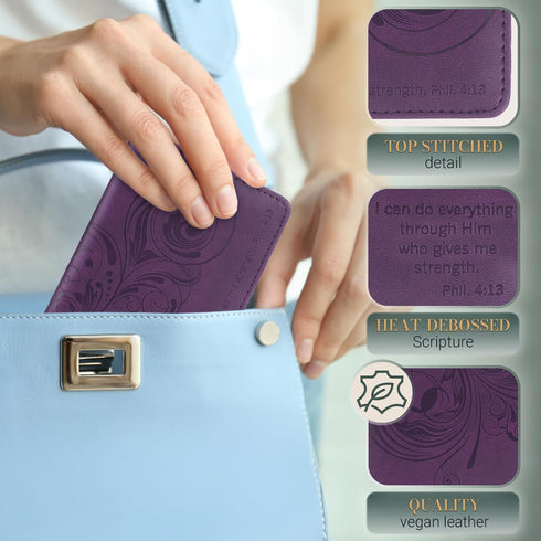 Christian Art Gifts Purple Faux Leather Checkbook Cover for Women - I Can Do Everything Through Him - Bi-fold Checkbook Cover for Duplicate Checks...