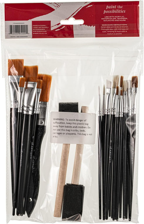 Hello, Artist! 25 Piece Craft Brush Value Pack, Suitable for All Creatives, for Use with Acrylic, Watercolor, Tempera, Gouache, and More...