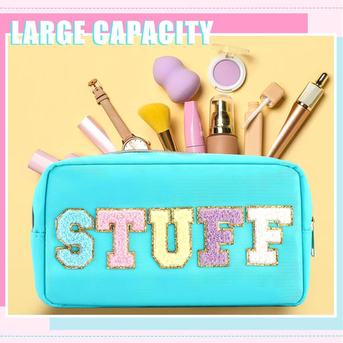 3 Pcs Preppy Makeup Bag Chenille Letter Nylon Cosmetic Bags Travel Varsity Letter Skin Stuff Bag Organizer Pouch Travel Bag Set for Women Girls (B...