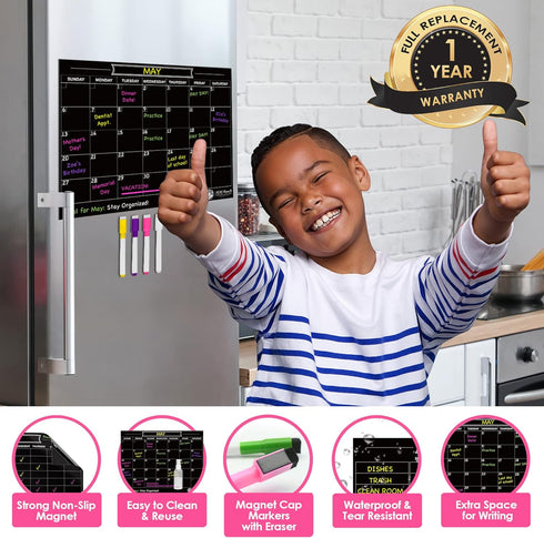 Black Magnetic Calendar for Refrigerator - Dry Erase Calendar for Fridge – For Family, Kids, Workout, Menu Planner – 12 x 16in - Includes 4 Marker...