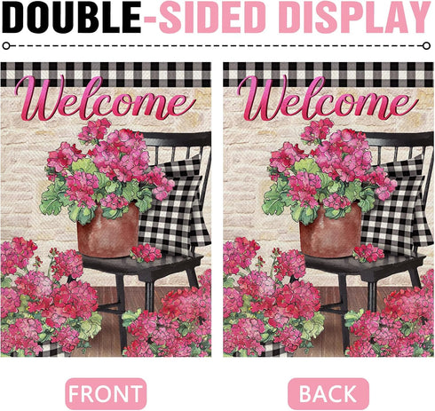 Welcome Spring Geranium Pink Flower Decorative Garden Flag, Black White Buffalo Plaid Floral Pot Chair Yard Outside Home Decorations, Summer Farmh...
