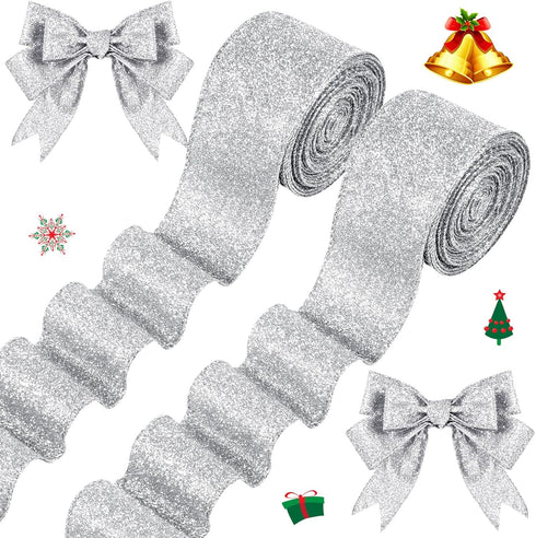2 Roll 20 Yards Christmas Ribbons Glitter Thick Ribbon Metallic Wired Ribbon for Gift Wrapping Valentine Bouquet DIY Crafts Wedding Xmas Party Wra...