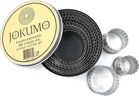 11 Piece Graduated Sizes Fluted Edge Round Pastry/Cookie Cutter Set Heavy Duty 18/8 304 Stainless Steel – Metal Engrave Size –Tin Storage Box for ...