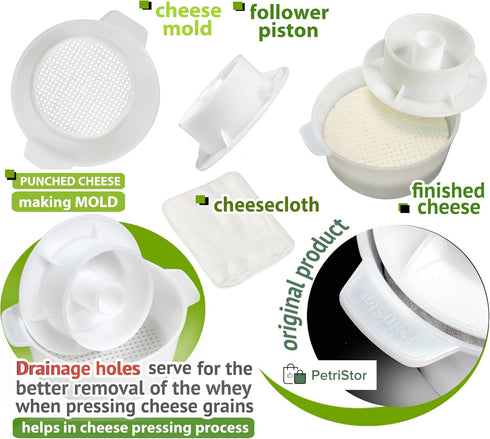 PetriStor Cheese Mold for Cheese Making Cheese with Follower Piston 1.3QT and Cheesecloth - Cheese Form Mold - Cheese Making Basket - Paneer Chees...