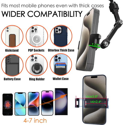 Rear View Mirror Phone Holder for Your Car Aluminum Alloy Arm Multi-Angle Adjustment,Rotatable Universal Cell Phone Car Mount for 4-7 Inch iPhone ...