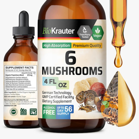 BIO KRAUTER 6 Mushrooms Supplement 6-in-1 - Lions Mane, Shiitake,Turkey Tail, Cordyceps, Reishi & Chaga Liquid Extract - Mushroom Complex Tincture...