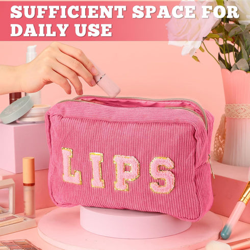 Pinkunn 4 Pcs Preppy Makeup Bag Cute Chenille Cosmetic Bags Face Eyes Lips Hair Corduroy Letter Patch Skin Zipper Patch Bags Travel Zipper Pouch M...
