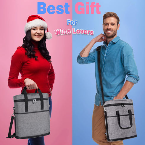 Tirrinia Insulated Wine Gift carrier - 3 Bottle Travel Wine Carry Cooler Tote Bag with Handle and Adjustable Shoulder Strap, Grey...