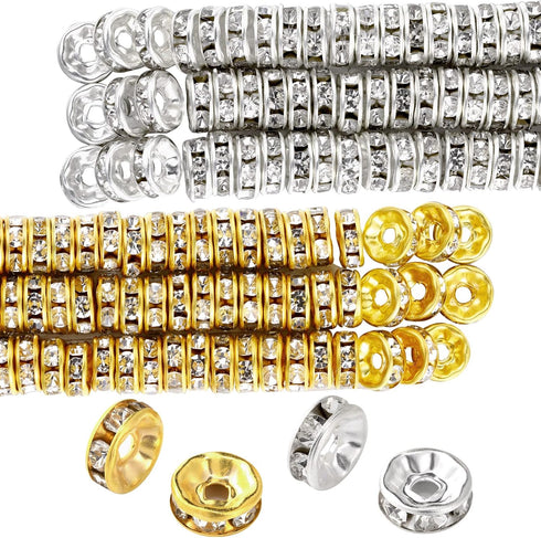 Hicarer 800 Pieces Round Rondelle Spacer Beads Crystal Rhinestone Loose Charm Beads for Jewelry Making(8 mm,Gold, Silver)...