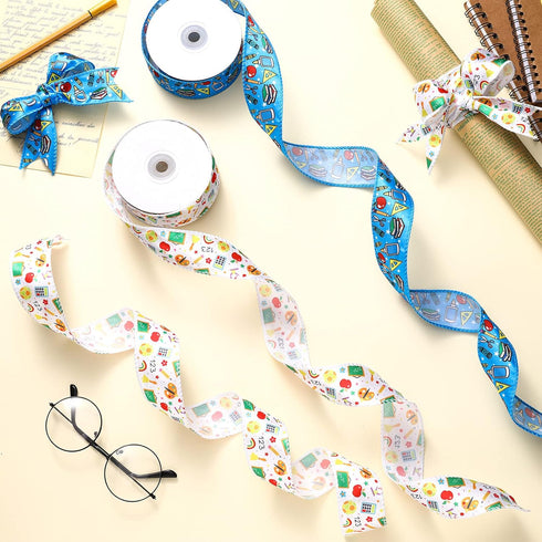 2 Rolls/ 20 Yards Back to School Ribbons Multi Wired Edge School Fabric Ribbons 1.5 Inch School Themed Ribbon Decor for DIY Wrapping Crafts Decora...