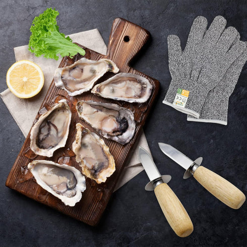 Oyster Shucking Knife Set of 2 Stainless Steel Oyster Knifes and 2 Pairs Level 5 Cut-Resistant Gloves?Oyster Knives Suitable for All Kinds of Shel...