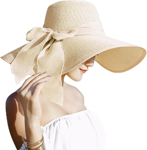 Lanzom Womens 5.7 Inches Big Bowknot Straw Hat Large Floppy Foldable Roll up Beach Cap Sun Hat UPF 50+...