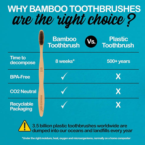 Paramexview® Natural Bamboo Toothbrushes Set of 4 | BPA-Free Medium Bristles, Eco-Friendly | Biodegradable Handle, Charcoal Infused and Organic Ba...