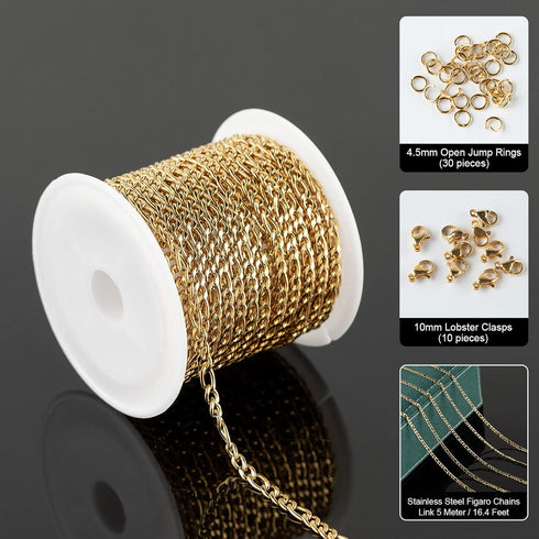 UMAOKANG 16.4 Feet Gold Stainless Steel Figaro Chains Link Spool Necklace Chain Bulk with Lobster Clasps and Jump Rings for Choker Necklaces Jewel...