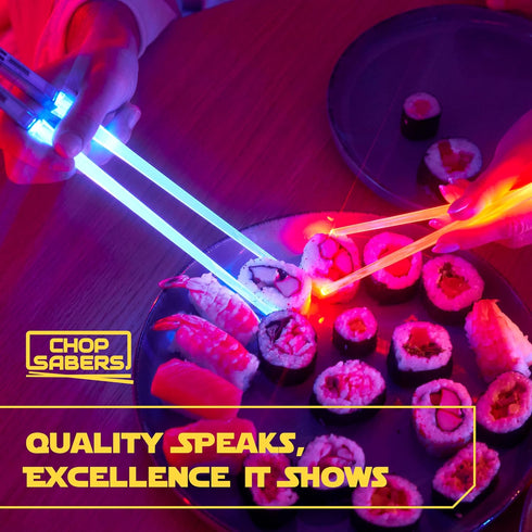 LIGHTSABER CHOPSTICKS LIGHT UP STAR WARS LED Glowing Light Saber Chop Sticks REUSABLE Sushi Lightup Sabers Bright LEDs - 8 Color Modes - 2 Pairs...