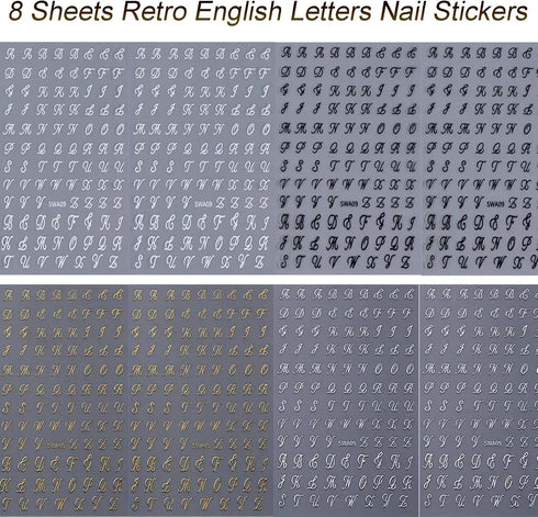 Retro English Letters Nail Stickers for Nail Art 8 Sheets 3D Self-Adhesive Black White Gold Silver Design Nail Decals Pegatinas Uñas Personalized ...