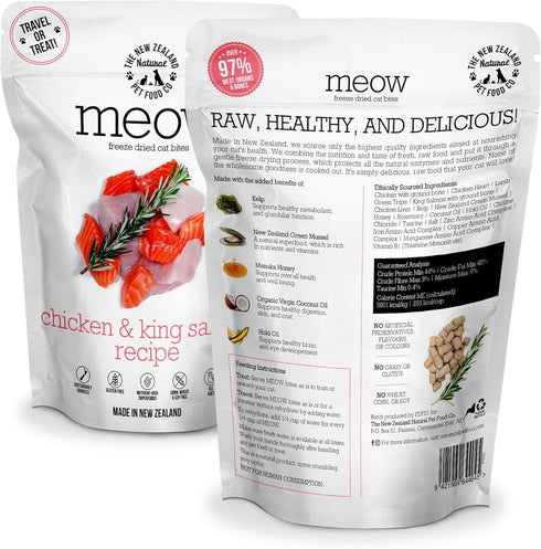 Meow Chicken & King Salmon Freeze Dried Raw Cat Food, Mixer, or Topper, or Treat - High Protein, Natural, Limited Ingredient Recipe 1.76 oz...