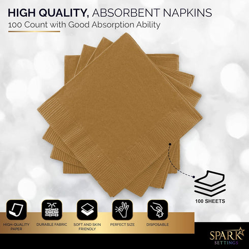 100 Pack Gold Beverage Napkins, Big Party Pack, 2 Ply, Ideal for Wedding, Party, Birthday, Dinner, Lunch, Cocktails. (5” x 5”) by Amcrate...