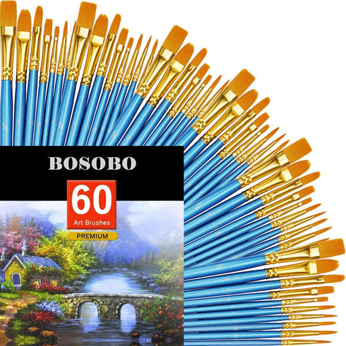 BOSOBO Paint Brush Sets, 6 Pack 60 Pcs Pointed-Round Tip Paintbrushes Nylon Hair Artist Acrylic Paint Brushes for Acrylic Watercolor Oil, Face Art...