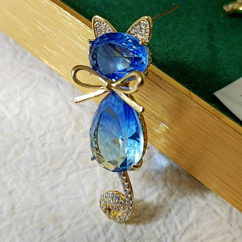 Cute Blue Cubic Zircon Kitty Cat Pin Brooch with Bowtie...