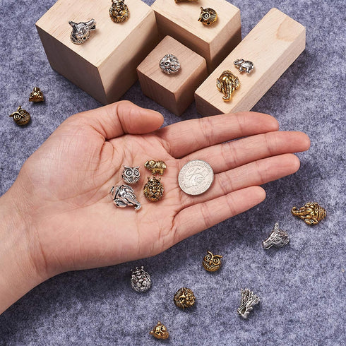 Fashewelry 48pcs Animal Tibetan Loose Spacer Beads Mixed Wolf Lion Owl Elephant Leopard Dragon Head Alloy Beads for Necklace Bracelet Earring Craf...