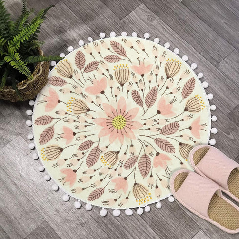 Uphome Small Round Rug 2’ Circle Cute Bath Mat with Pom Poms Fringe Floral Plant Washable Bathroom Rugs Soft Non-Slip Circular Throw Rug Carpet fo...
