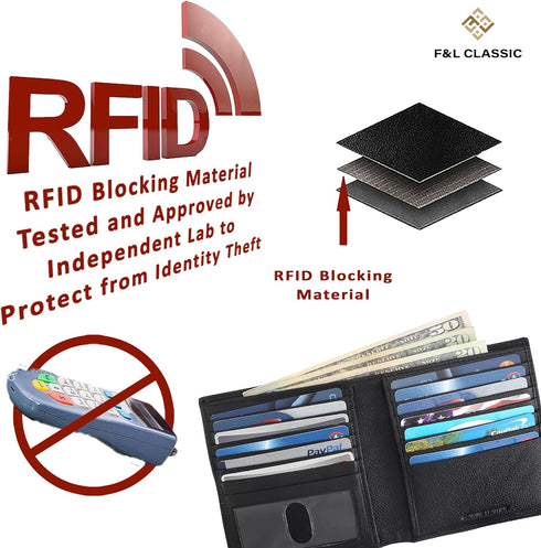 F&L CLASSIC RFID Blocking Mens Leather Bi-Fold Big Hipster Wallet, 13 credit card slots,Black…...