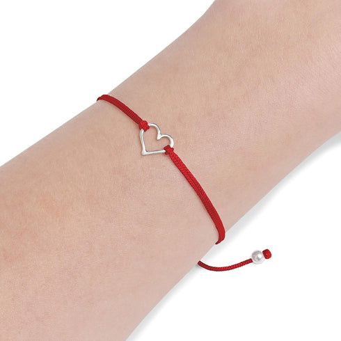 Red Womens Friendship Bracelet, Small Handmade Sterling Silver 925 Open Heart Shaped Charm, Pull Adjustable Kindred Cord Thread. Handmade Heart Gi...