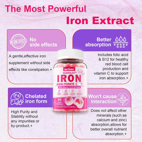 Vegan Iron Filled Gummies for Women, Non Constipating High Absorption 26mg Gentle Bisglycinate Iron w/Vitamin C, Folate, Beet Root, B12 for Iron D...