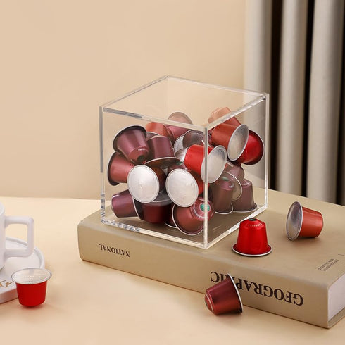 Thickened Acrylic Coffee Pod Holder Organizer Clear Capsule Holder Storage Box, Transparent Desktop Tea Display Case 4.7x4.7x4.7 in, No Assembly R...
