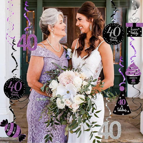 40th Birthday Decorations Women Purple Black Silver Women 40th Birthday Party Decorations Purple Silver Black Foil Hanging Swirls...