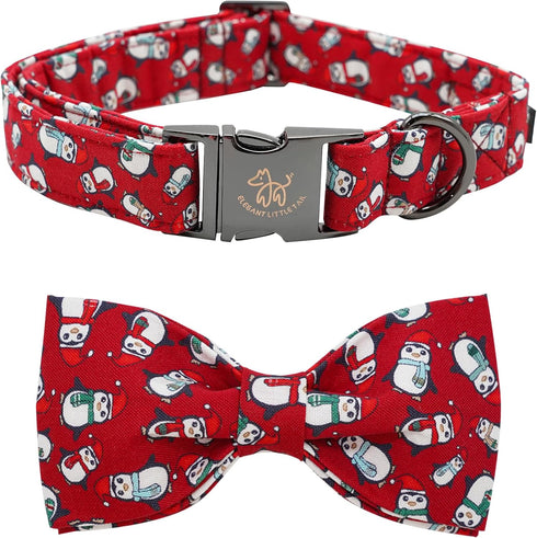 Elegant little tail Dog Collar, Christmas Dog Collar Red Penguins Holiday Pet Collar Dog Bow Collar Pet Durable Adjustable Girl Boy Dog Collar for...