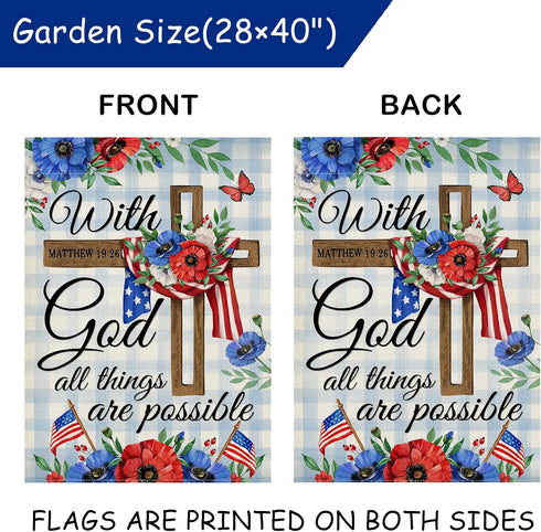 With God All Things are Possible July 4th Patriotic Decorative House Flag, American Religious Cross Anemone Flower Home Yard Garden Outdoor Decor,...