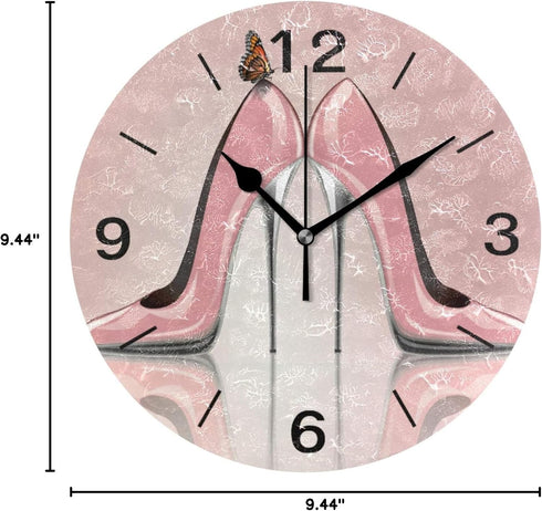 ALAZA Home Decor Butterfly High Heel Shoe Pink 9.5 inch Round Acrylic Wall Clock Non Ticking Silent Clock Art for Living Room Kitchen Bedroom(Blac...