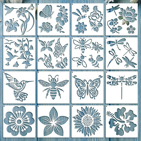 16 Pieces Flower Stencil for Painting Bee Sunflower Butterfly Spring Stencil Large Template Reusable Summer Painting Stencil and Metal Open Ring f...