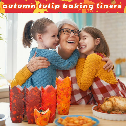 400 Pcs Fall Cupcake Liners Thanksgiving Tulip Wrappers for Baking Autumn Muffin Cupcake Holders Pumpkin Maple Leaf Liners Paper Baking Cups for B...