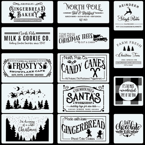 CINPIUK 14PCS Christmas Stencils Painting on Wood, Winter Holiday DIY Farmhouse Wood Signs North Pole Farm Fresh Christmas Tree Santa Reusable Tem...