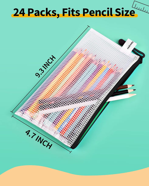 Smarpau Pencil Pouch 24PCS, 9.3" x 4.7" Mesh Zipper Pouches for Organizing, Bill Size Waterproof Zipper Pencil Bags for Travel, Office, Home Stora...