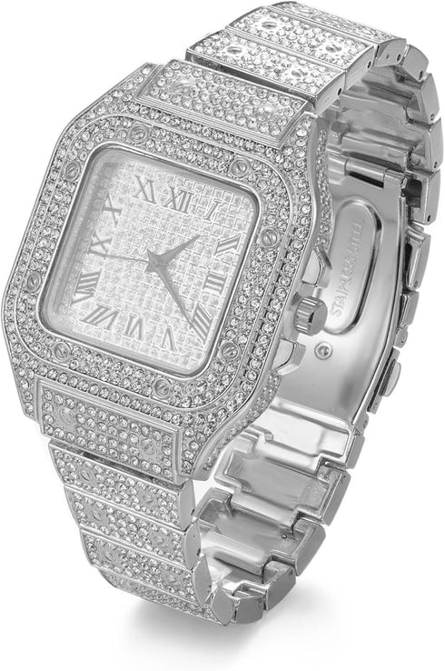 Diamond Watch for Men Guys Iced Out 20MM Wide Wristband 18k Real Gold/White Gold Platinum/Rose Gold/Rhodium Black Plated, Cuban Link Chain Set Opt...