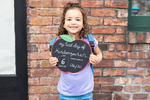 Pearhead First and Last Day of School Chalkboard, Reusable Apple-Shaped Double-Sided Fill-In Board with Yellow Chalk, Perfect Photo Prop for Schoo...