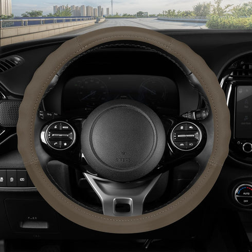Motor Trend Soft Touch Leather Beige Steering Wheel Cover with Grooves, Advanced Traction Universal Fit for Standard Sizes 14.5 15 15.5 inches...