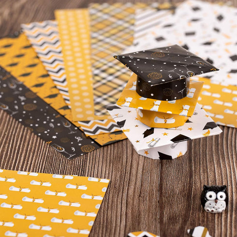 Whaline Graduation Pattern Paper 60 Sheet A5 Size Black Gold Graduation Diploma Cap Pattern Paper Double-Sided Congrats Grad Decorative Origami Pa...