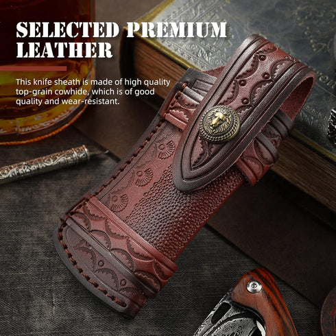 Omesio Pocket Knife Sheath Big (L), 5.28" (for <13.41cm knife) Leather Knife Sheaths for Belt, Horizontal Knife Sheath for Belt Sideways, Brown Le...