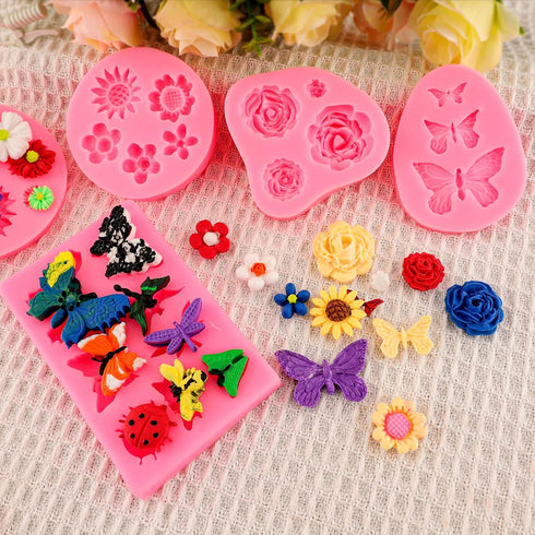 Silicone Mold Flower 8pcs Chocolate Fondant Polymer Clay Candy Gummy Mold,Rose Leaf Butterfly Bee Honey Shaped Silicone Molds for DIY Cake Cupcake...