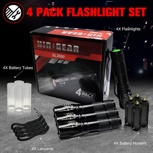 Tactical Flashlights High Lumens 4 Pack, Bright 2000 Lumens Zoomable LED Flashlight, Water Resistant Portable Pocket Flash Light for Home, Emergen...