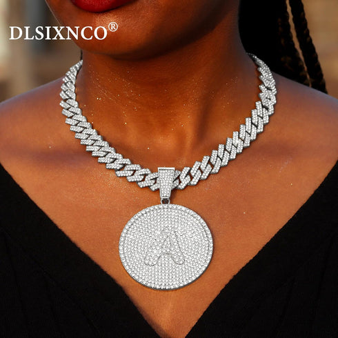 Round Big Initial Necklace for Women, Cuban Link Chain 14mm Diamond Prong Cuban Chain, Cursive Gold Silver Initial Necklace Cuban Link Necklace...