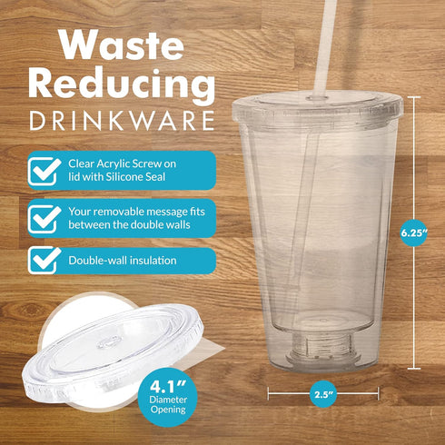 Simple Green Solutions - Customizable Paper Insert Acrylic Double Wall Cup for Cold Drinks, Clear Reusable Cups with Lids & Straws, Insulated Plas...